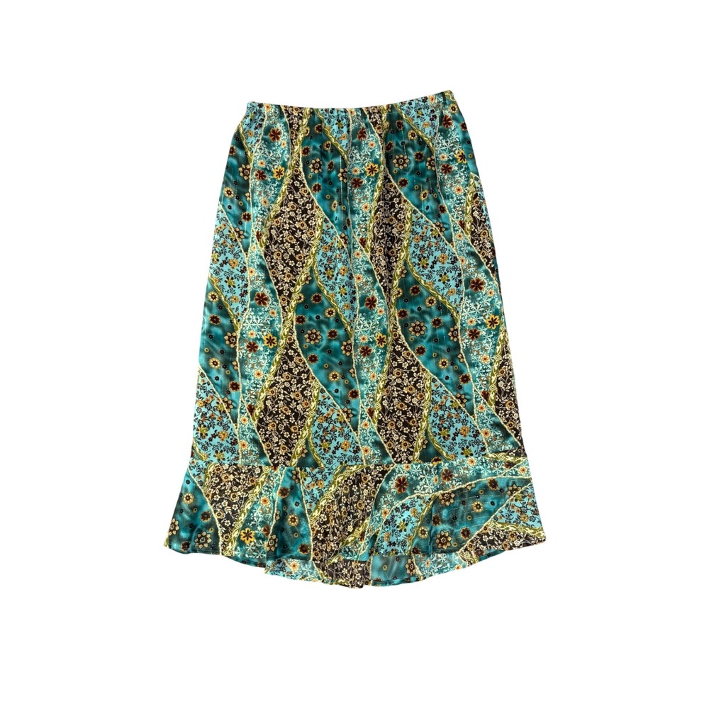 Y2K Vintage Patchwork Teal & Sparkly Gold Floral Ruffled Hem Midi Shirt Small